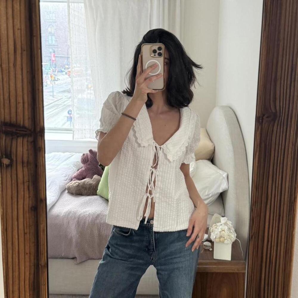 Tie-Front Puff Sleeve Blouse